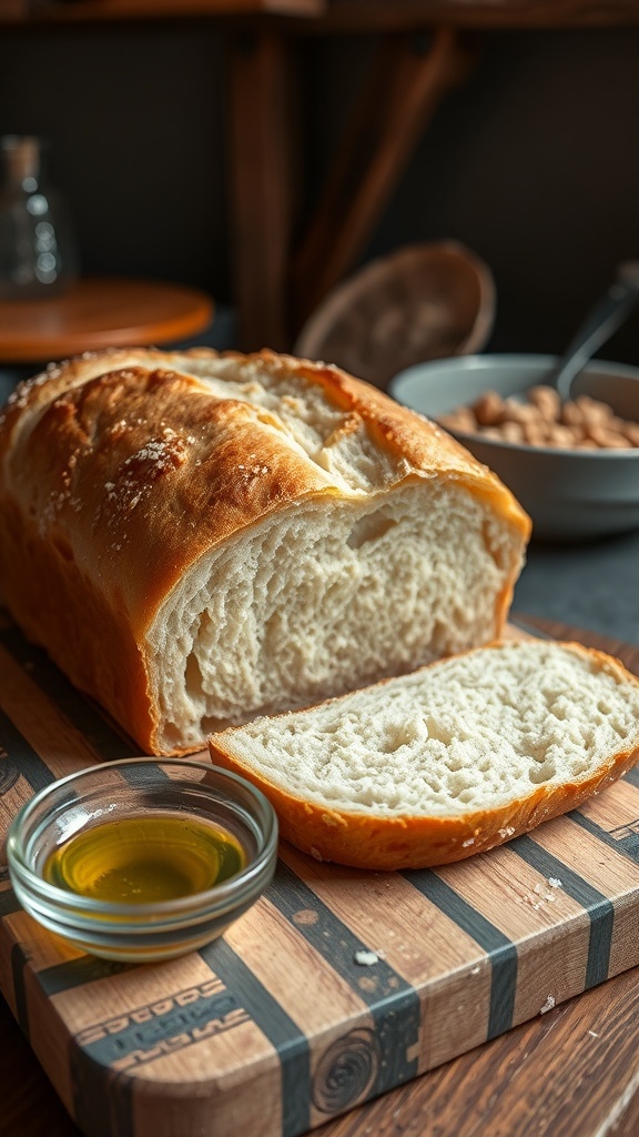 A golden brown loaf of homemade bread sliced on a cutting board with olive oil in a bowl.